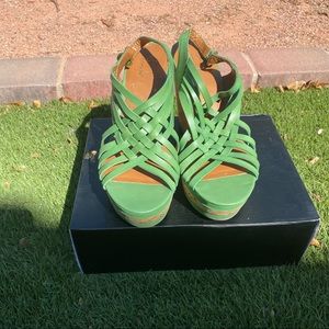 Green cork slingback, Crisscross strapped wedges.